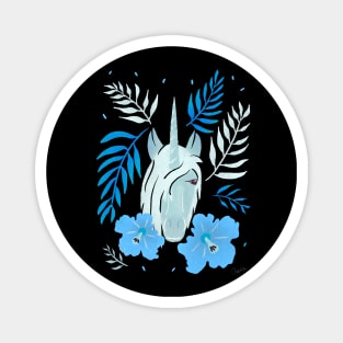 Unicorn and Blue Hibiscus Flower and Tropical Leaves Magnet